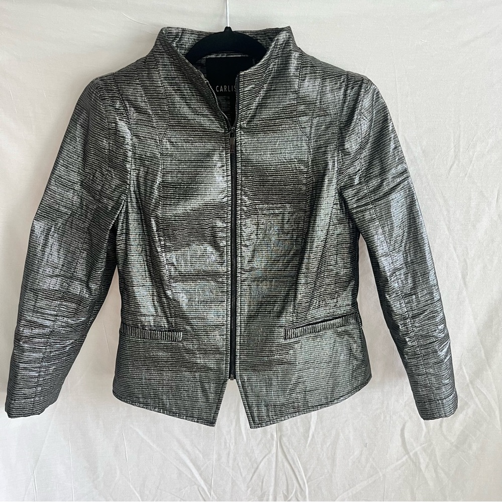 Carlisle Women's Silver and Black Retro 80's Front Zip Jacket Size: 4